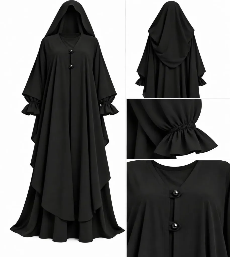 [alsau 6005-1301] طقم مغربي - alsau 6005, قطعتين مع غطاء رأس متصل, حجاب (اسود)